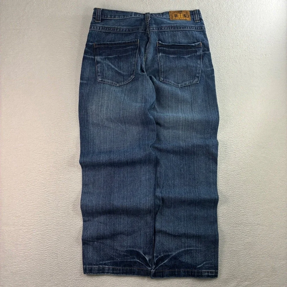 Y2K Second Skin Baggy Jeans Men 34x33 Blue Faded Whiskered Loose Straight Skater